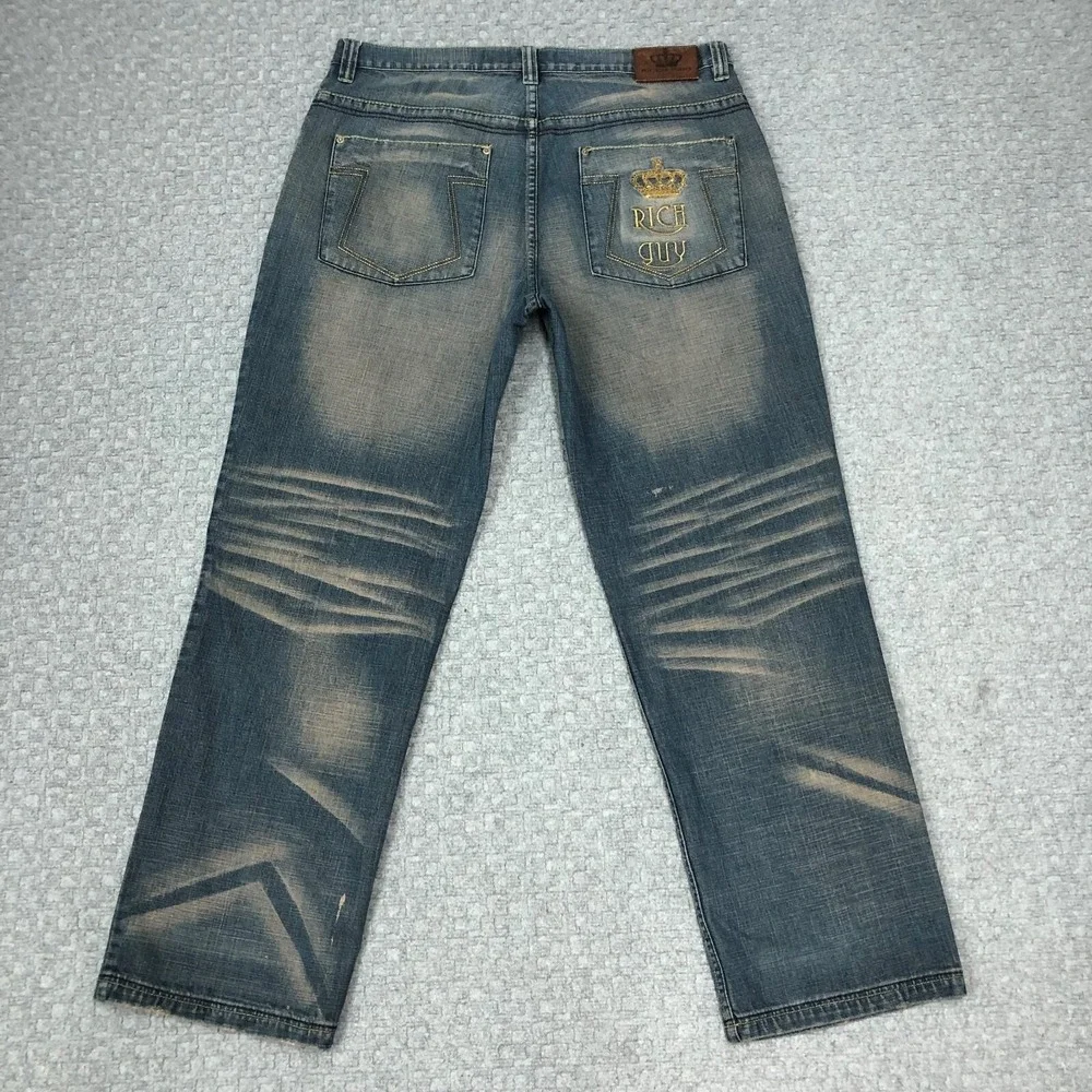 Ricco Tizio Rich Guy Jeans Mens 40x30 Blue Relaxed Straight Denim Distressed